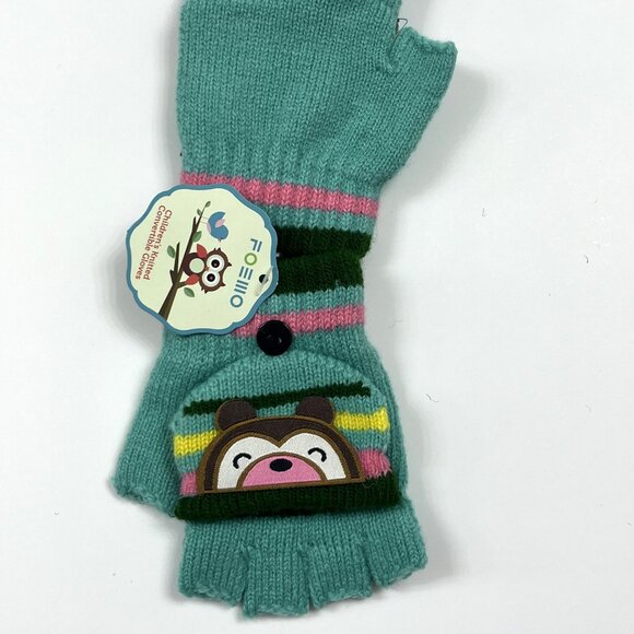 Children's (5-8 yrs) Knit Convertible /Mitten Gloves - Bear - Teal / Aqua - NWT - Picture 4 of 5